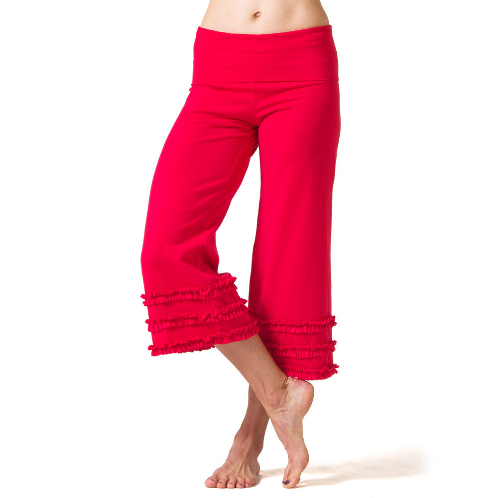 Women's Capri Yoga Leggings High Waisted Cropped Slit Flared Ruffle Bottom  Pants 